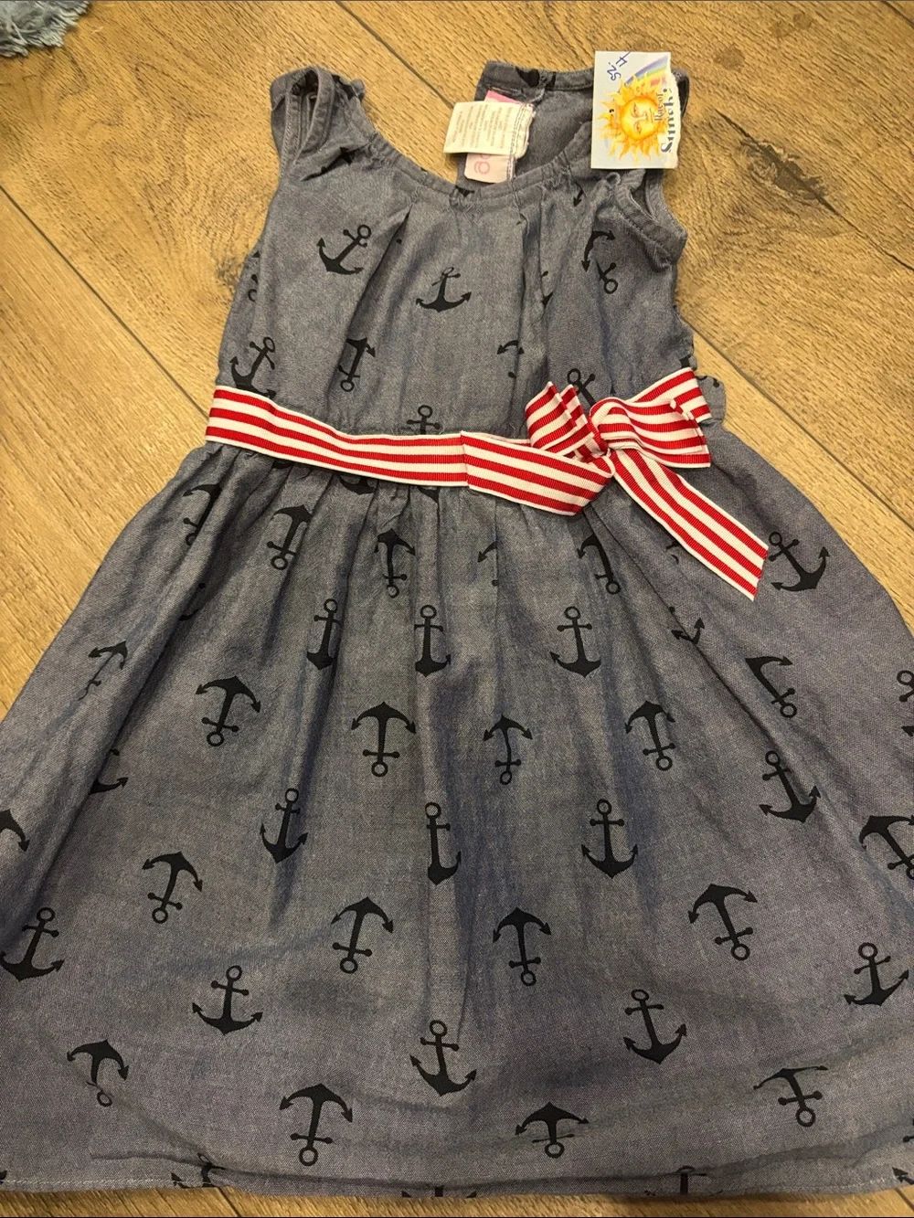 Good Lad Navy Anchor Print Dress with Red & White Striped Bow